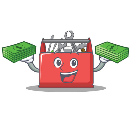 A cartoonish toolbox character smiling while holding stacks of money in each hand, symbolizing financial tools and resources.